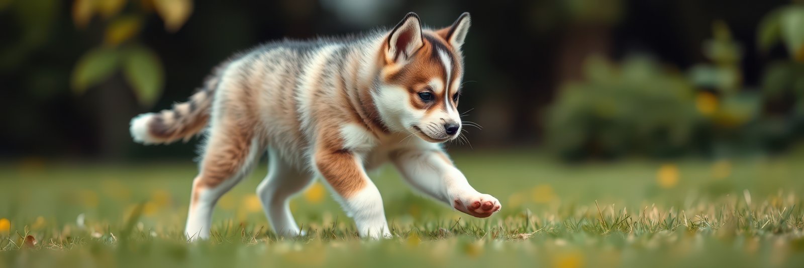 Cute puppy playing on green grass in a sunny outdoor park during afternoon